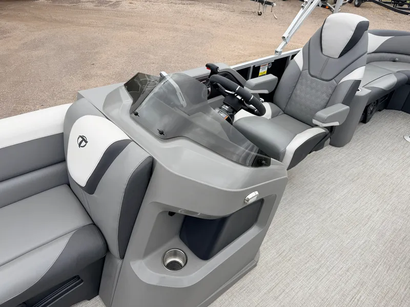 Slide: The Image of Interior of 2023 Tahoe LTZ 2385 Elite boat with gray seating. - 18