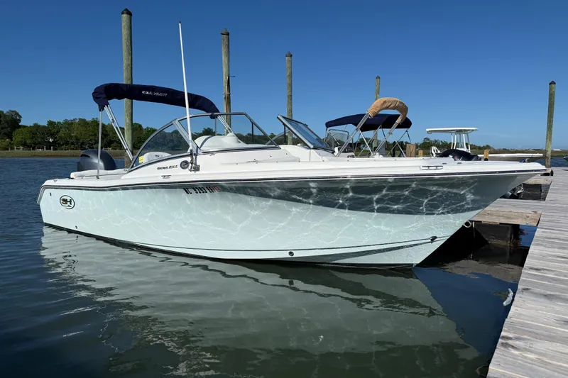 The Image of 2017 Sea Hunt Escape 211 LE boat docked on calm water under clear blue sky. - 1