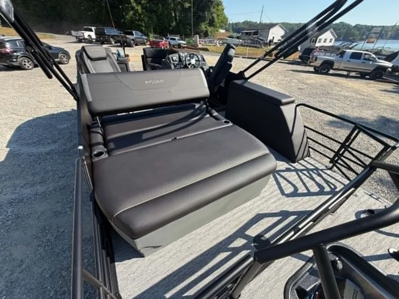 Slide: The Image of Sylvan X3 CLZ DH 2026 pontoon boat with luxurious seating area. - 11