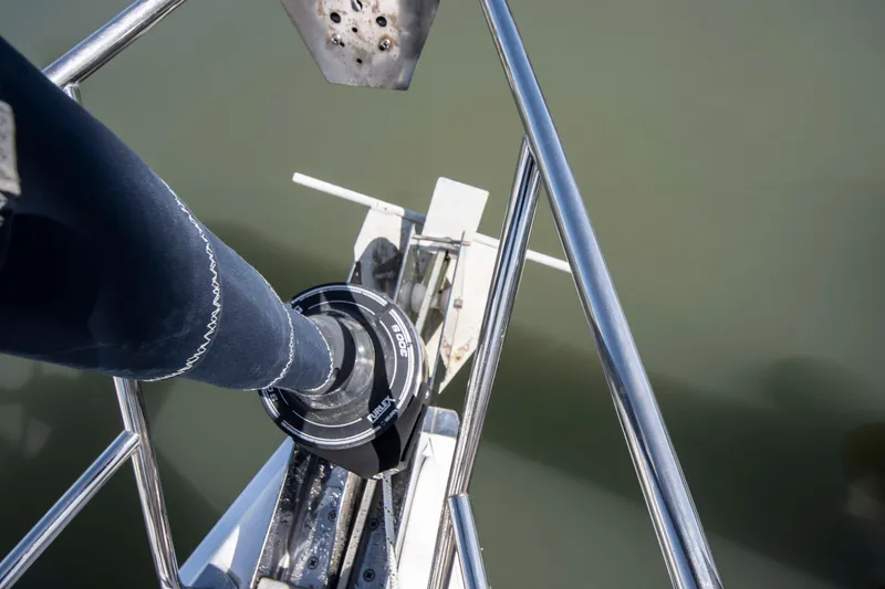 Slide: The Image of Close-up of a 2005 Hunter 45 CC sailboat's bow and furling system. - 13