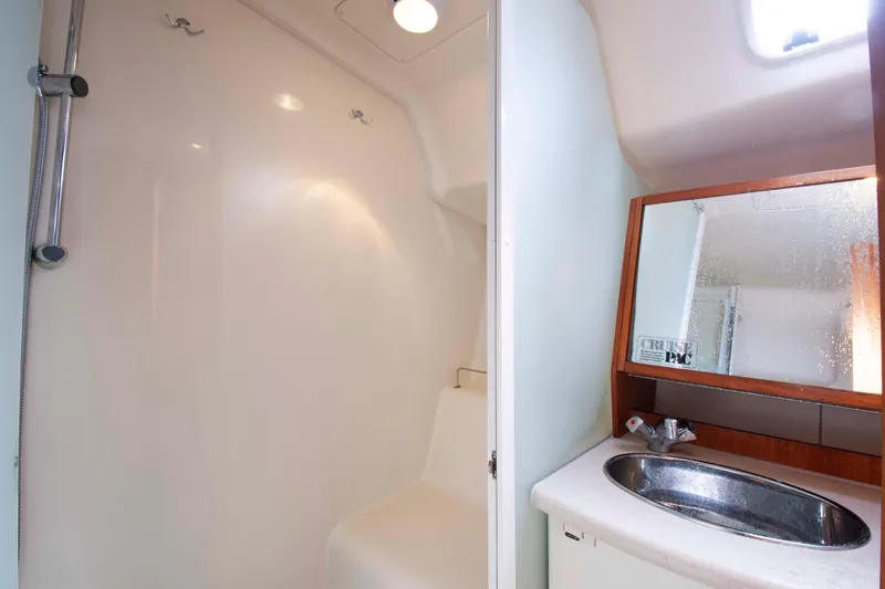 Slide: The Image of 2005 Hunter 45 CC yacht bathroom with shower and sink. - 26