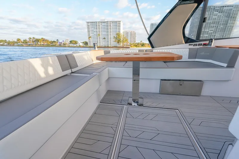 Slide: The Image of Luxurious Hanover 387 yacht interior, featuring sleek seating and a modern design, 2027 model. - 32