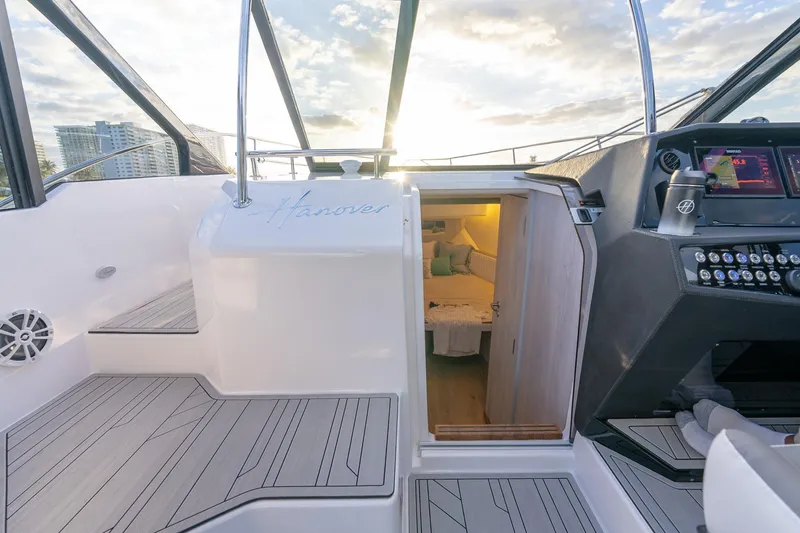 Slide: The Image of Luxurious Hanover 387 yacht interior with modern cockpit and cozy cabin, 2027 model. - 35