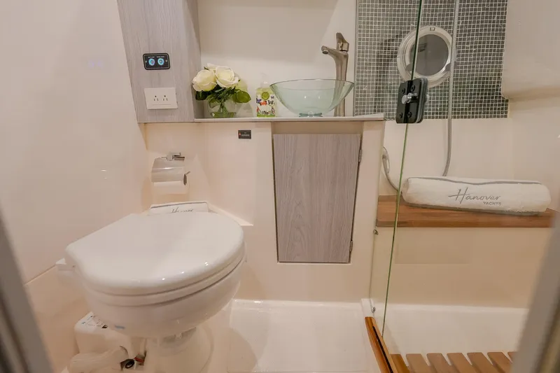 Slide: The Image of Luxurious Hanover 387 yacht bathroom with modern fixtures and elegant design, 2027 model. - 48