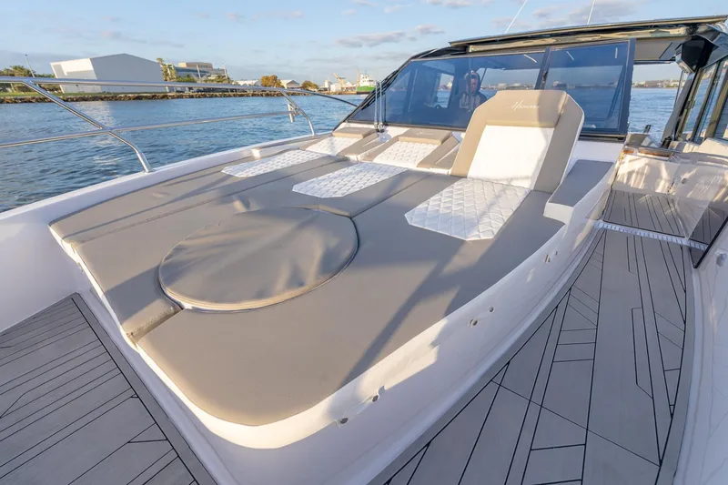 Slide: The Image of Luxurious 2027 Hanover 387 yacht with spacious sun deck and modern design on the water. - 6