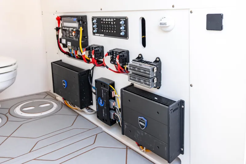Slide: The Image of Electrical panel of 2026 Twin Vee 400 GFX2 CC boat, showcasing wiring and components. - 30