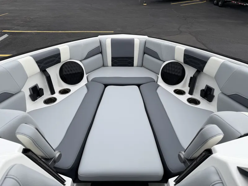 Slide: The Image of Interior of 2023 Malibu 26LSV boat with gray upholstery. - 19