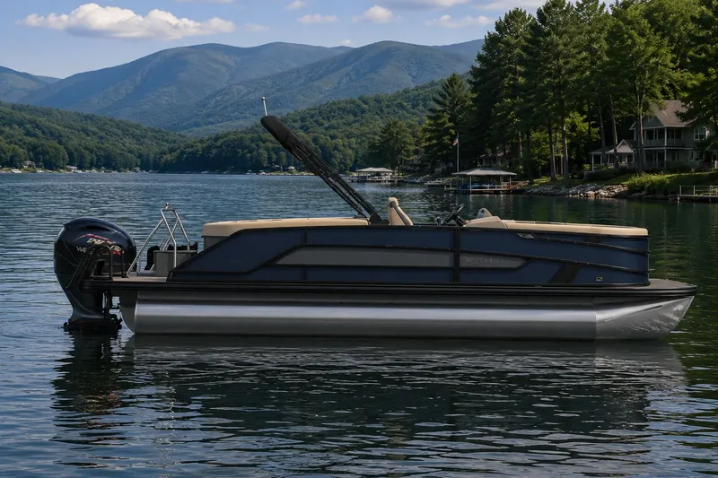 The Image of Evotti 523 QL 2026 pontoon boat on a serene lake with mountain backdrop. - 1