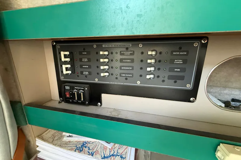 Slide: The Image of Control panel of a 1988 Cruisers Yachts 2470 Holiday, featuring electrical switches and circuit breakers. - 13