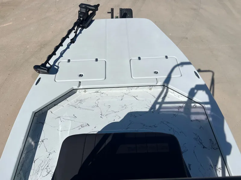 Slide: The Image of 2026 Shoalwater 23' Catamaran deck view with trolling motor. - 15