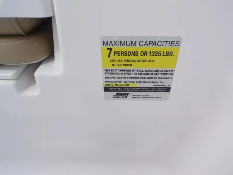 Slide: The Image of Safety label on Sportsman 207 Masters boat, capacity 7 persons, year 2016. - 13