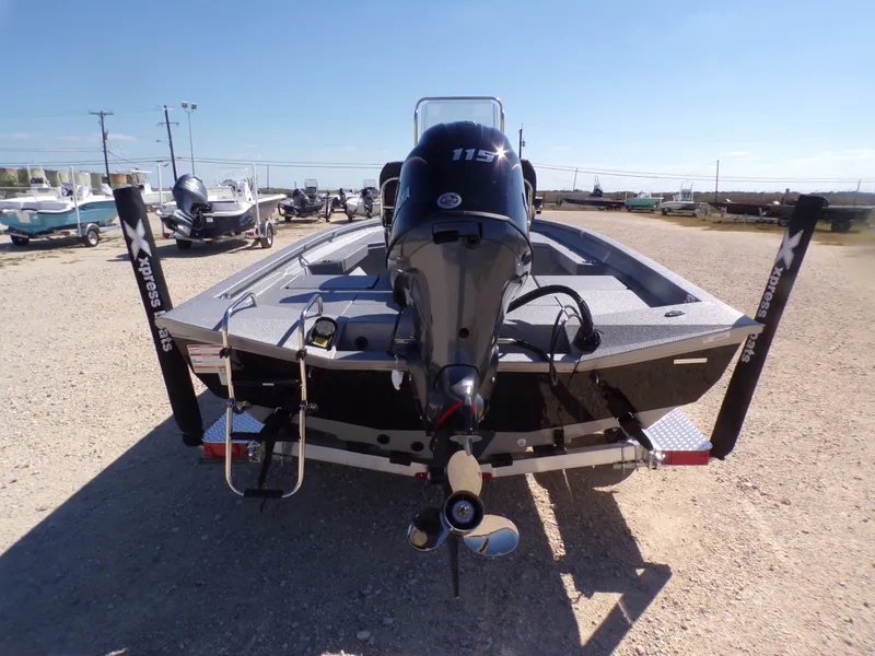 Slide: The Image of Rear view of 2026 Xpress H20B Bay boat on a trailer. - 9