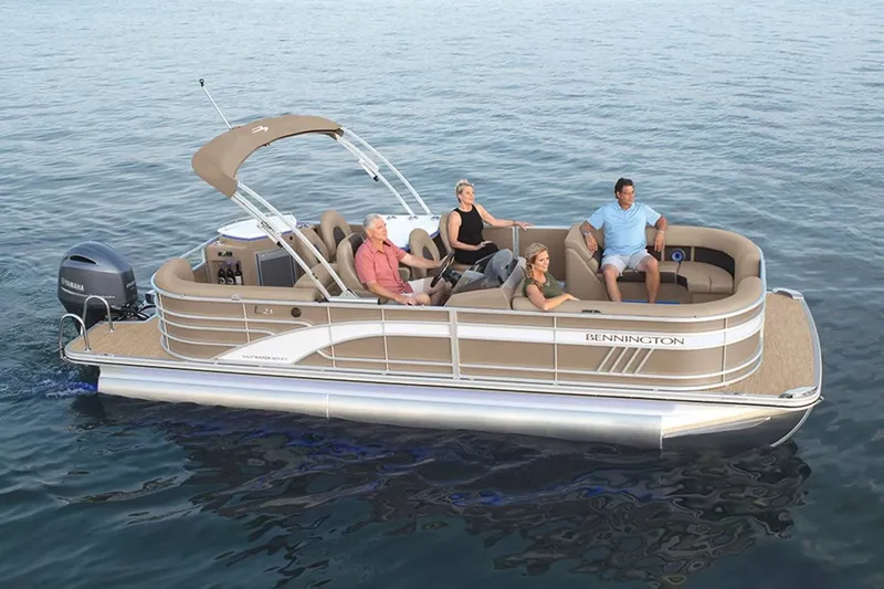 Slide: The Image of Bennington 23 LSR 2022 pontoon boat on calm water with passengers. - 26
