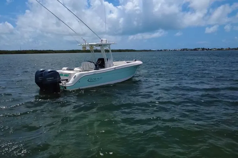 Slide: The Image of 2019 Robalo R242 Center Console boat on open water under blue sky. - 24