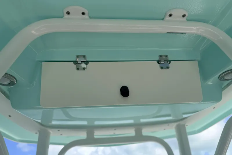 Slide: The Image of 2019 Robalo R242 Center Console boat's overhead storage compartment with light blue interior. - 33