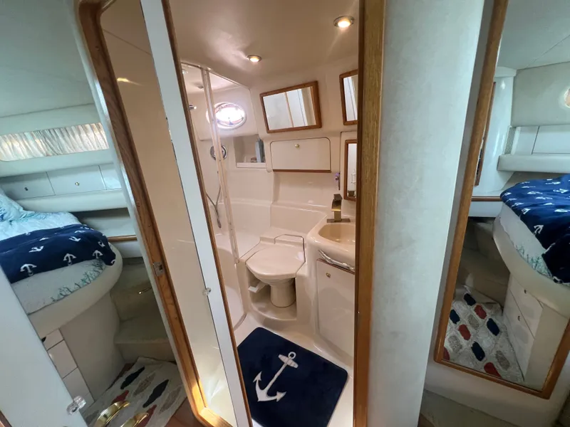 Slide: The Image of Interior of a 1997 Sea Ray 450 yacht featuring bathroom and sleeping area. - 32