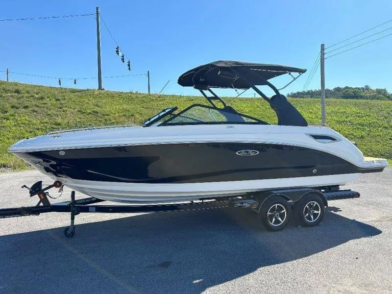 Slide: The Image of 2019 Sea Ray SDX 250 boat on trailer, side view. - 10