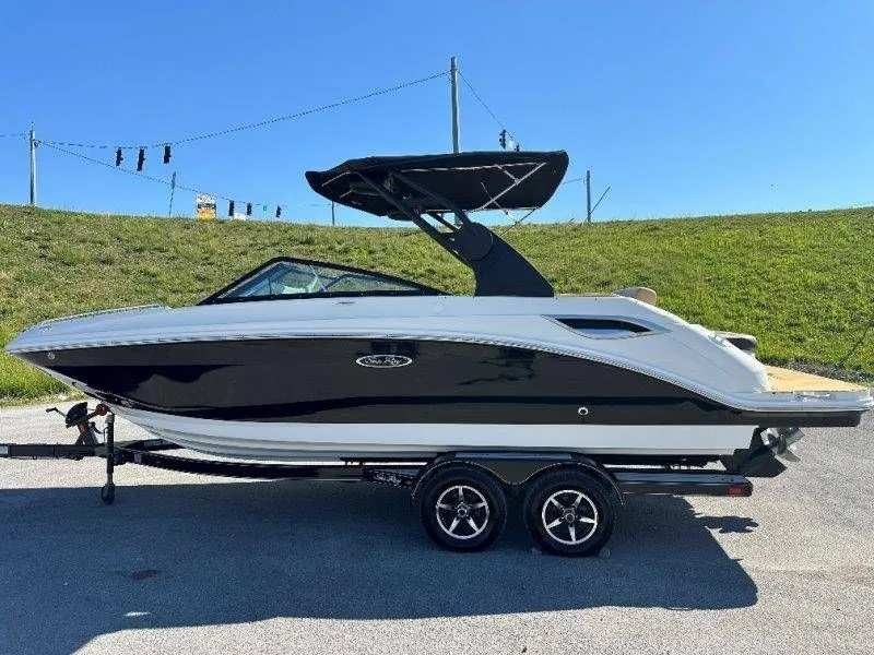 Slide: The Image of 2019 Sea Ray SDX 250 boat on trailer, side view. - 12