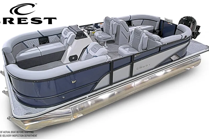 Slide: The Image of 2026 Crest Conquest 210 SLC pontoon boat with luxurious seating and sleek design. - 2