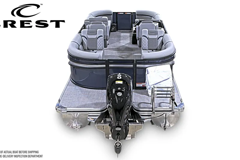 Slide: The Image of 2026 Crest Conquest 210 SLC pontoon boat, rear view with seating and motor. - 4