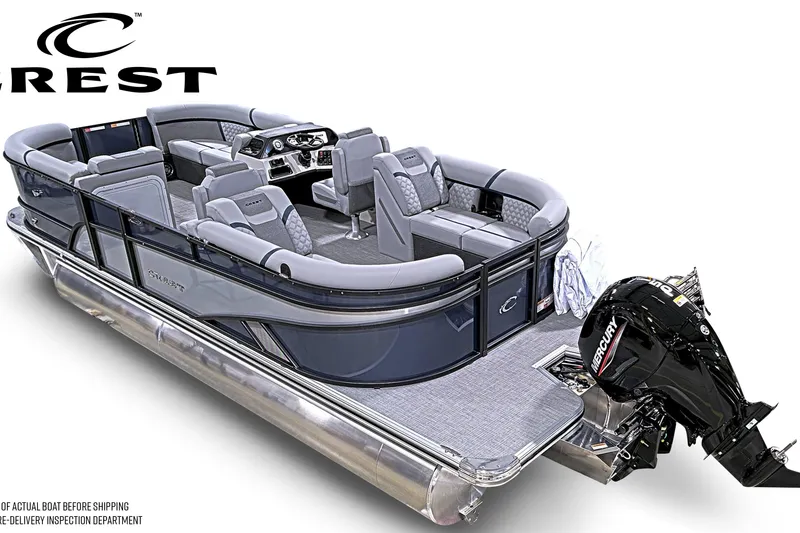 Slide: The Image of 2026 Crest Conquest 210 SLC pontoon boat with luxurious seating and Mercury outboard motor. - 5
