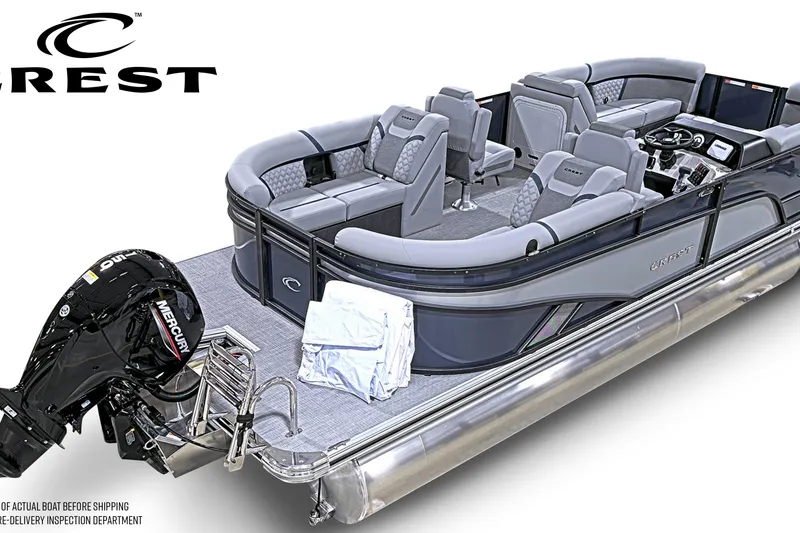 Slide: The Image of 2026 Crest Conquest 210 SLC pontoon boat with luxurious seating and Mercury outboard motor. - 6