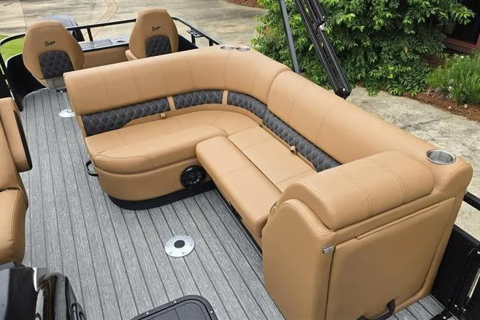 Slide: The Image of Luxurious seating on 2026 Ranger 223F boat with tan upholstery and modern design. - 11