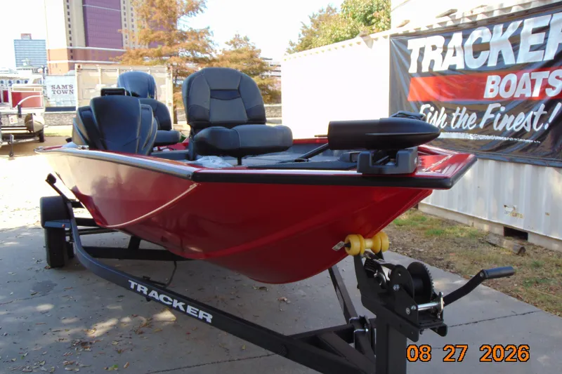 Slide: The Image of Red 2026 Tracker Pro Team 190 boat on trailer, outdoor setting. - 66