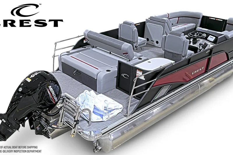 Slide: The Image of 2026 Crest Conquest 210 SLSC pontoon boat with Mercury outboard motor, featuring spacious seating. - 2