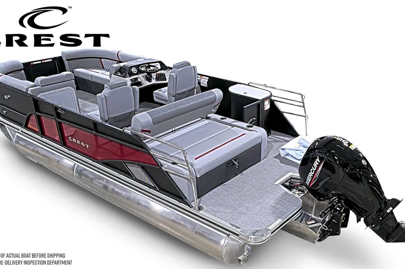 Slide: The Image of 2026 Crest Conquest 210 SLSC pontoon boat with Mercury engine, featuring spacious seating. - 3