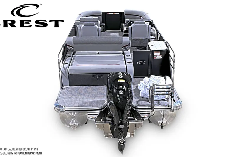Slide: The Image of 2026 Crest Conquest 210 SLSC pontoon boat, rear view with motor and seating. - 5