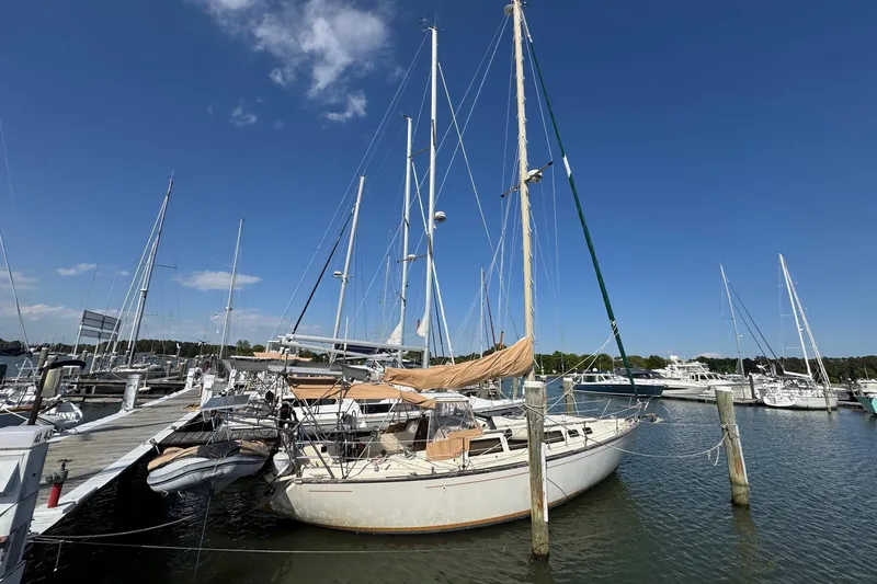 The Image of 1981 S2 36 sailboat docked at marina under clear blue sky. - 0