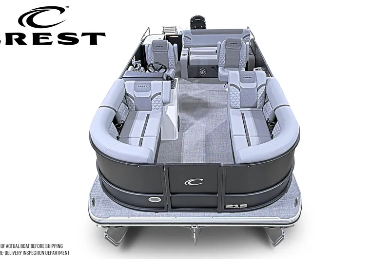 Slide: The Image of 2026 Crest Conquest 210 SLSC pontoon boat with luxurious seating and sleek design. - 1