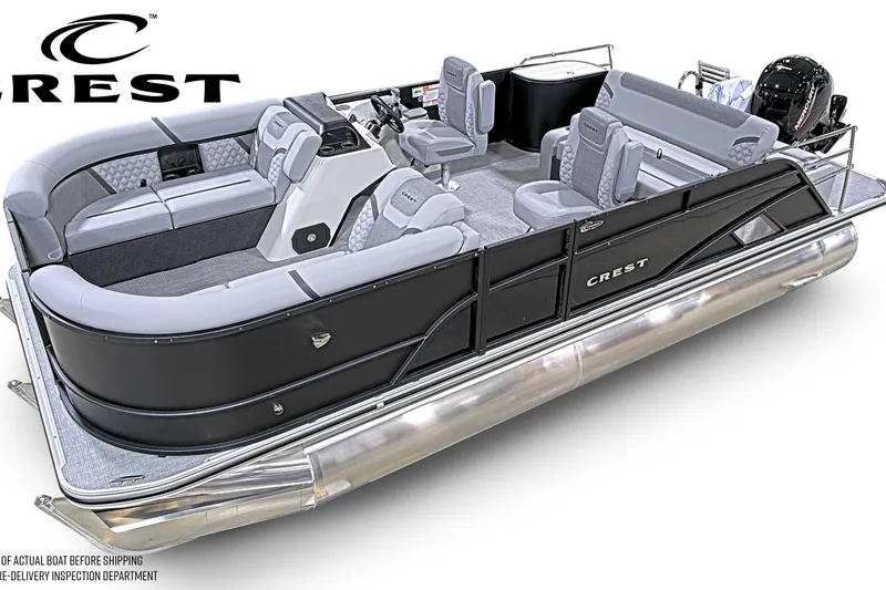 Slide: The Image of 2026 Crest Conquest 210 SLSC pontoon boat with luxurious seating and sleek design. - 2