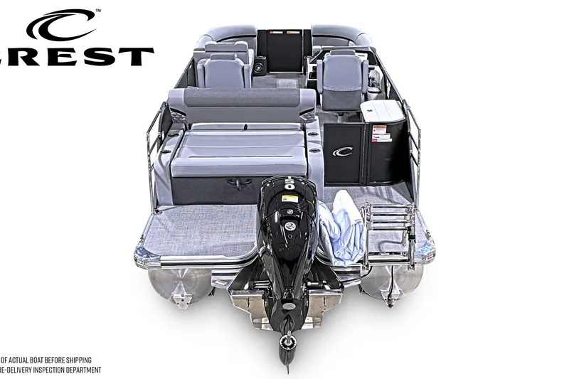 Slide: The Image of 2026 Crest Conquest 210 SLSC pontoon boat, rear view with seating and motor. - 3
