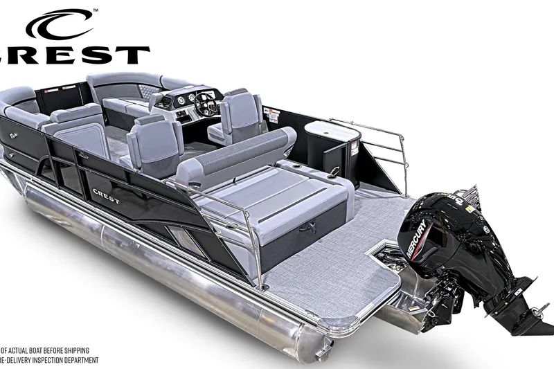 Slide: The Image of 2026 Crest Conquest 210 SLSC pontoon boat with Mercury outboard motor, featuring spacious seating. - 4