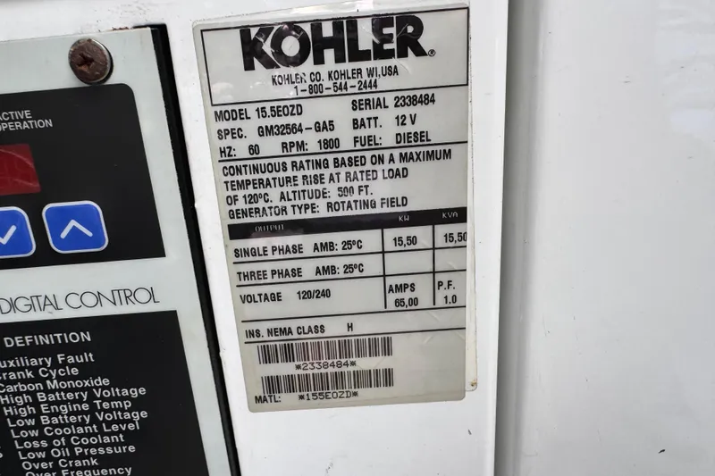 Slide: The Image of Kohler generator label on 2012 Cruisers Yachts 48 Cantius, model 15.5EOZD, diesel-powered. - 52