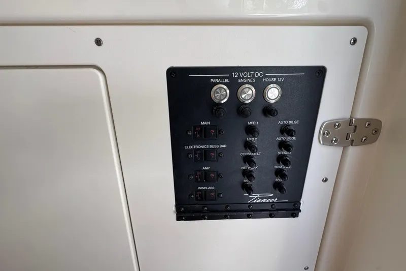 Slide: The Image of Control panel of 2026 Pioneer 250 Pelagic boat, featuring 12V DC switches and indicators. - 20