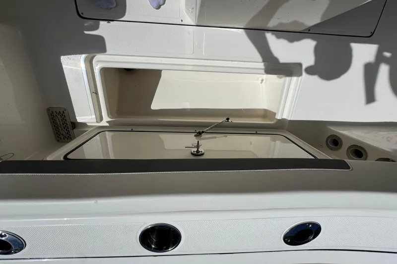 Slide: The Image of Open storage compartment on a 2026 Pioneer 250 Pelagic boat, showcasing interior details. - 23