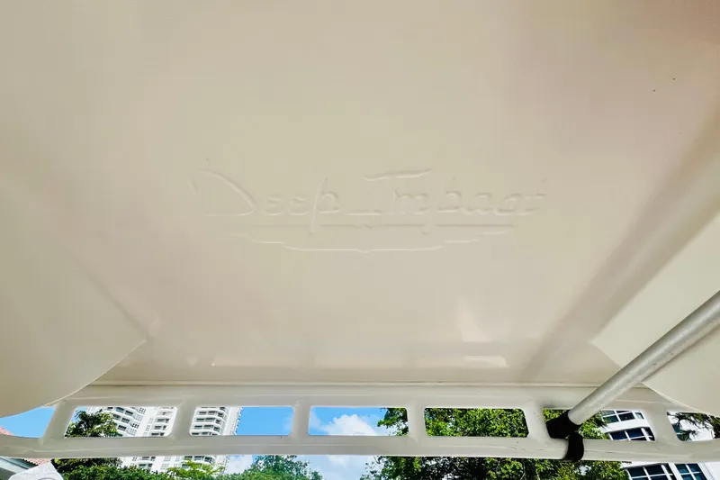 Slide: The Image of 2011 Deep Impact 36 Open boat interior with embossed logo, partial view of sky and buildings. - 49