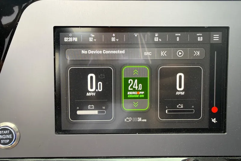 Slide: The Image of Dashboard display of 2025 MasterCraft NXT23 boat showing speed, RPM, and cruise control. - 10