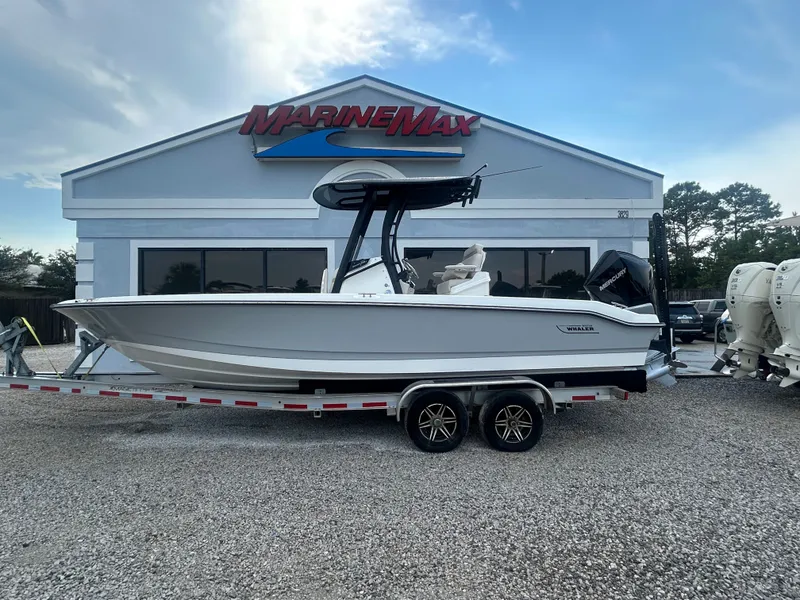 Slide: The Image of A 2027 Boston Whaler 250 Dauntless on a trailer in front of a MarineMax building. - 0