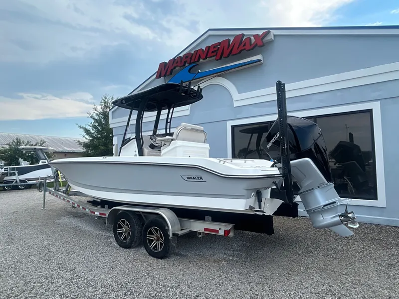 Slide: The Image of A 2027 Boston Whaler 250 Dauntless on a trailer in front of a MarineMax building. - 5