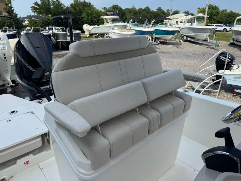 Slide: The Image of The 2027 Boston Whaler 250 Dauntless features an outdoor cushioned bench seat with several boats in the background. - 24