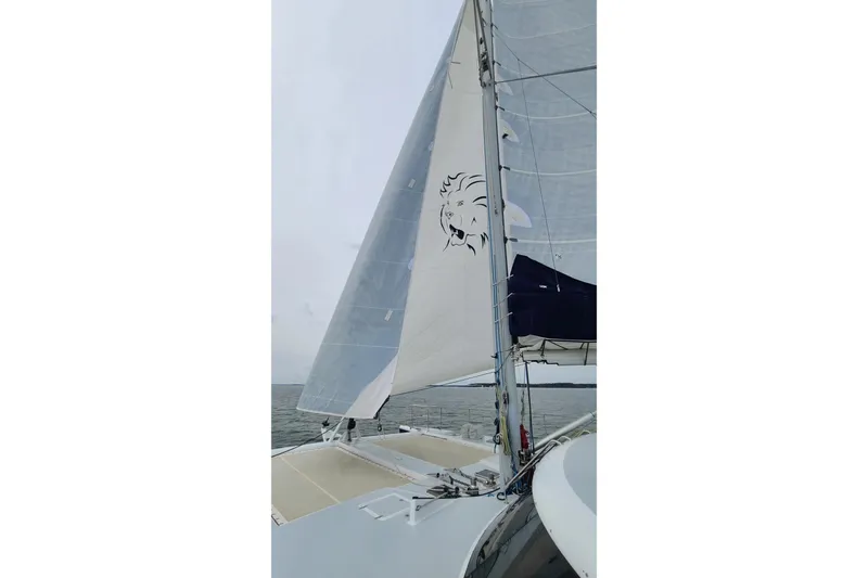 Slide: The Image of Sailing on a 2006 Lidgard Custom Catamaran with lion emblem on the sail. - 48