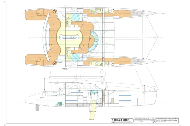 Slide: The Image of Blueprint of a 2006 Lidgard Custom Catamaran, showcasing detailed interior and exterior design. - 50