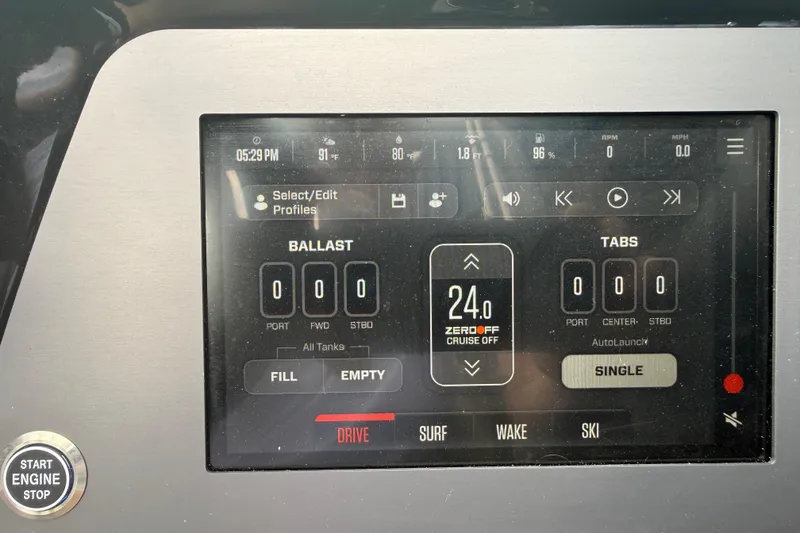 Slide: The Image of 2025 MasterCraft NXT24 touchscreen display showing ballast and tabs settings. - 9