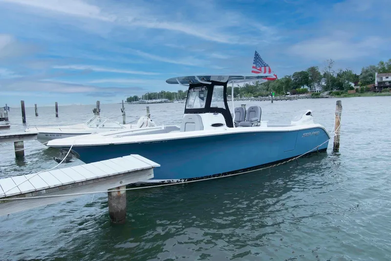 Slide: The Image of 2021 Sea Pro 259 Center Console boat docked on a serene lake with an American flag. - 2