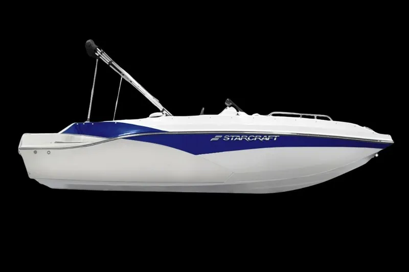The Image of 2027 Starcraft SVX 230 DC OB boat, sleek white and blue design, side view. - 1