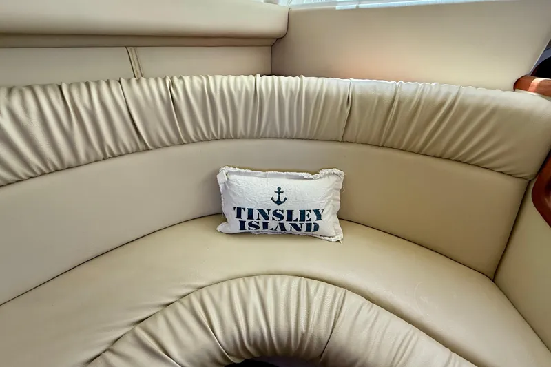 Slide: The Image of Cream leather seating with "Tinsley Island" pillow on 2000 Sea Ray 380 Aft Cabin. - 38